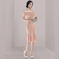 Polyester Sexy Package Robes hip Extensible Solide Rose pièce