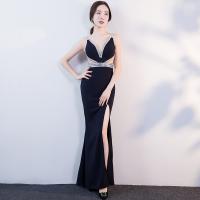 Polyester Plus Size Long Evening Dress side slit & hollow patchwork Solid black PC