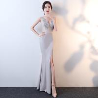 Polyester Plus Size Long Evening Dress side slit & backless patchwork Solid gray PC
