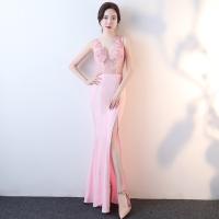 Polyester Plus Size Long Evening Dress side slit & backless patchwork Solid pink PC