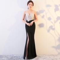 Polyester Plus Size Long Evening Dress side slit patchwork Solid PC