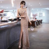 Polyester Plus Size Long Evening Dress side slit & hollow patchwork Solid PC