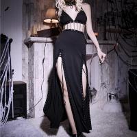 Polyester Slim & High Waist Slip Dress side slit & hollow patchwork Solid black PC