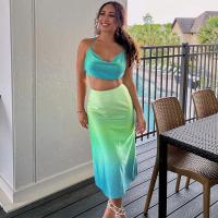Polyester Slim & High Waist Two-Piece Dress Set midriff-baring & two piece printed Others green Set