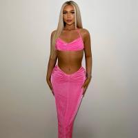 Polyester Slim & High Waist Two-Piece Dress Set midriff-baring & irregular & backless & two piece & off shoulder patchwork Solid fuchsia Set