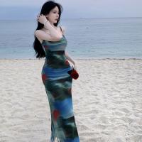 Polyester Waist-controlled Beach Dress & ankle-length & breathable Tie-dye blue PC