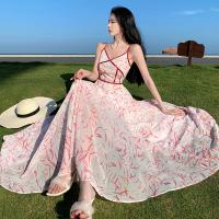 Chiffon One-piece Dress large hem design & deep V & double layer printed shivering pink PC
