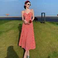 Polyester Soft One-piece Dress & off shoulder & breathable printed striped red PC