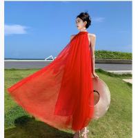 Polyester One-piece Dress double layer & off shoulder & breathable Solid red PC