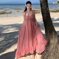 Polyester Beach Dress irregular & double layer & off shoulder Solid pink PC