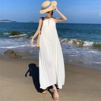 Polyester Straight Beach Dress large hem design & backless Solid white PC