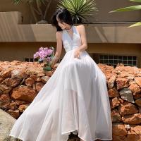 Chiffon Beach Dress large hem design & deep V & backless Solid white PC