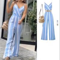 Polyester Wide Leg Trousers Long Jumpsuit deep V striped blue PC