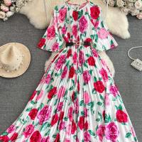Polyester Waist-controlled & Slim One-piece Dress printed floral pink : PC