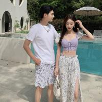 Polyester Couple Swimming Wear  printed leaf pattern purple PC