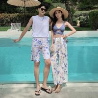 Polyester Couple Swimming Wear  printed leaf pattern PC