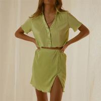 Polyester Crop Top Women Casual Set side slit short sleeve shirt & skirt patchwork Solid green Set