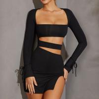 Polyester Sexy Package Hip Dresses side slit & hollow patchwork Solid black PC