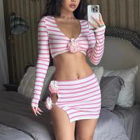 Polyester Two-Piece Dress Set midriff-baring & hollow printed striped Set