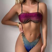 Polyester Bikini & padded printed striped wine red Set