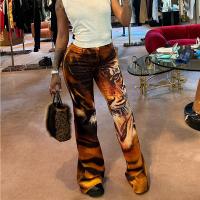 Spandex & Polyester bell-bottom Women Long Trousers printed tiger stripes coffee PC