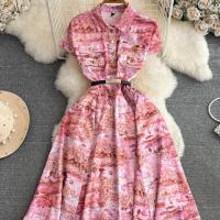 Polyester Waist-controlled & Slim One-piece Dress printed Plant pink PC