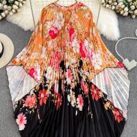 Polyester Waist-controlled One-piece Dress large hem design printed floral : PC