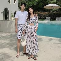 Polyester Couple Swimming Wear & unisex printed floral white PC