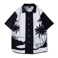 Polyester Mannen korte mouw Casual Shirt Afgedrukt boompatroon Zwarte stuk