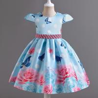 Polyester Princess Girl One-piece Dress printed floral blue PC