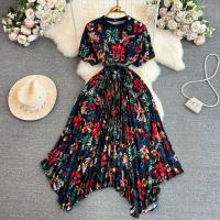 Polyester Slim & long style One-piece Dress printed floral black PC