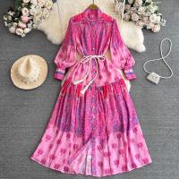 Polyester Slim & long style One-piece Dress printed floral fuchsia PC