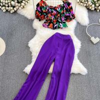 Polyester Women Casual Set midriff-baring & two piece Pants & top : Set