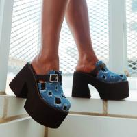 Rubber & Denim chunky Women Sandals blue Pair