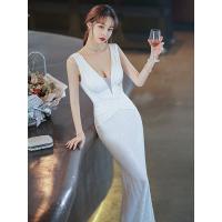 Polyethylene fiber-Ethylene Mermaid Long Evening Dress deep V patchwork Solid white PC