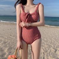 Polyester One-piece Swimsuit patchwork plaid red PC