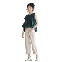 Cotton Girl Clothes Set & two piece Pants & top patchwork Solid green Set