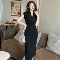 Polyester Slim & High Waist Sexy Package Hip Dresses side slit patchwork Others black PC