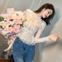 Polyester Waist-controlled & Slim & High Waist Women Long Sleeve Blouses see through look patchwork Others white PC
