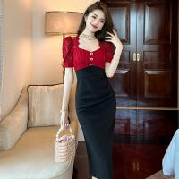 Polyester Waist-controlled & High Waist Sexy Package Hip Dresses & hollow patchwork Others wine red PC