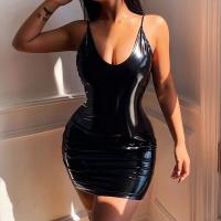 PU Leather Waist-controlled & High Waist Sexy Package Hip Dresses deep V patchwork Others black PC