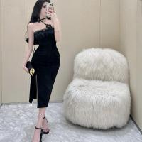 Ponte Roma Knitted Fabric Waist-controlled & High Waist Sexy Package Hip Dresses side slit patchwork Others black PC