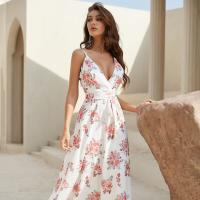 Polyester One-piece Dress deep V & backless & floor-length printed shivering white PC