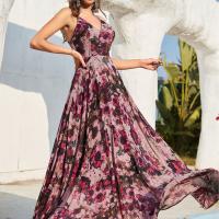 Polyester One-piece Dress deep V & backless & floor-length printed shivering pink PC