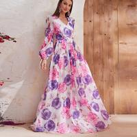 Chiffon One-piece Dress large hem design & breathable printed floral pink PC