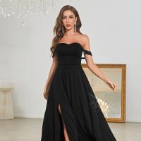 Polyester Off Shoulder Long Evening Dress large hem design & side slit Solid black PC