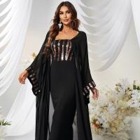 Sequin & Polyester Waist-controlled & Slim Long Evening Dress Solid black PC