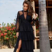 Polyester One-piece Dress see through look & double layer & side slit printed Solid black PC