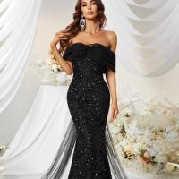 Sequin & Polyester Off Shoulder & Mermaid Long Evening Dress & off shoulder Solid black PC