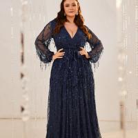 Gauze & Polyester Plus Size & Tassels Long Evening Dress see through look Solid blue PC